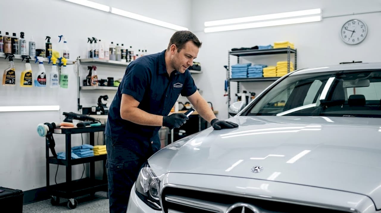 Detailer inspecting luxury car paint surface