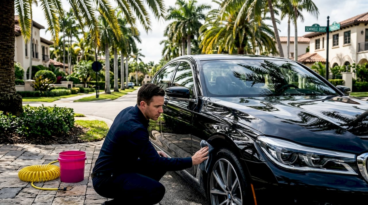 Man checks luxury car paint for scratches