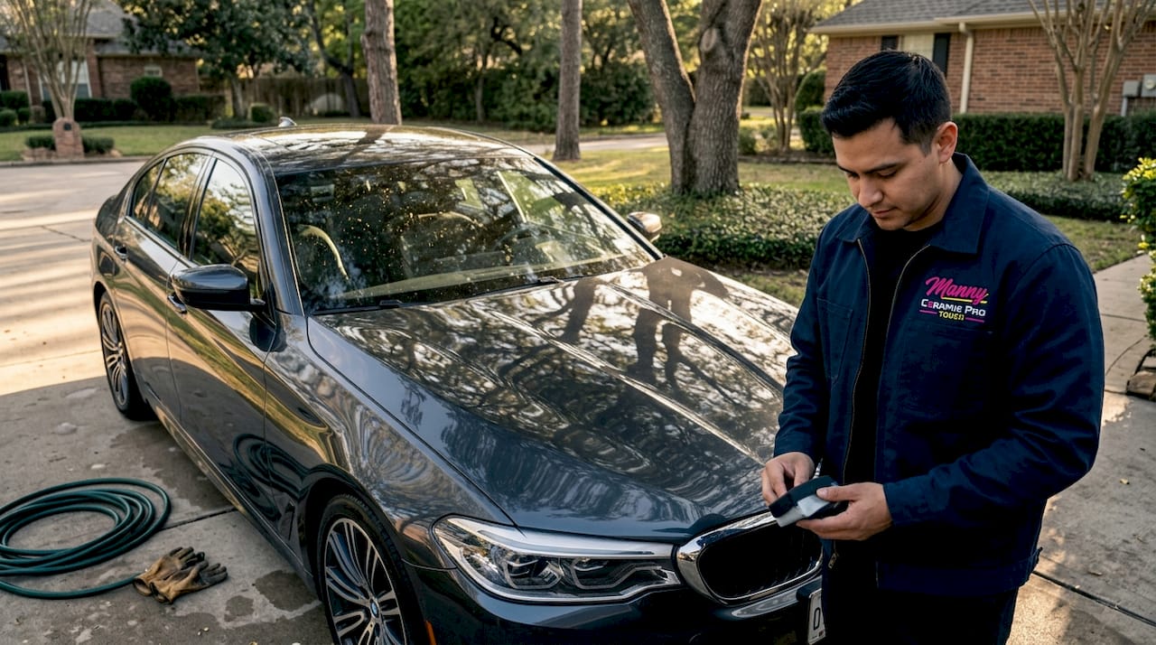 Luxury car finish reflecting sunlight in driveway