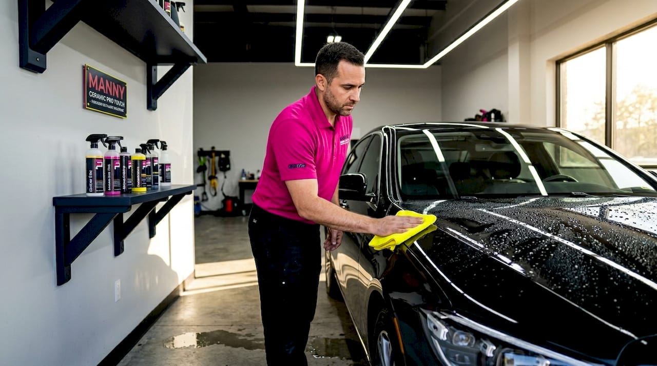 Detailer applying hydrophobic coating to luxury car hood