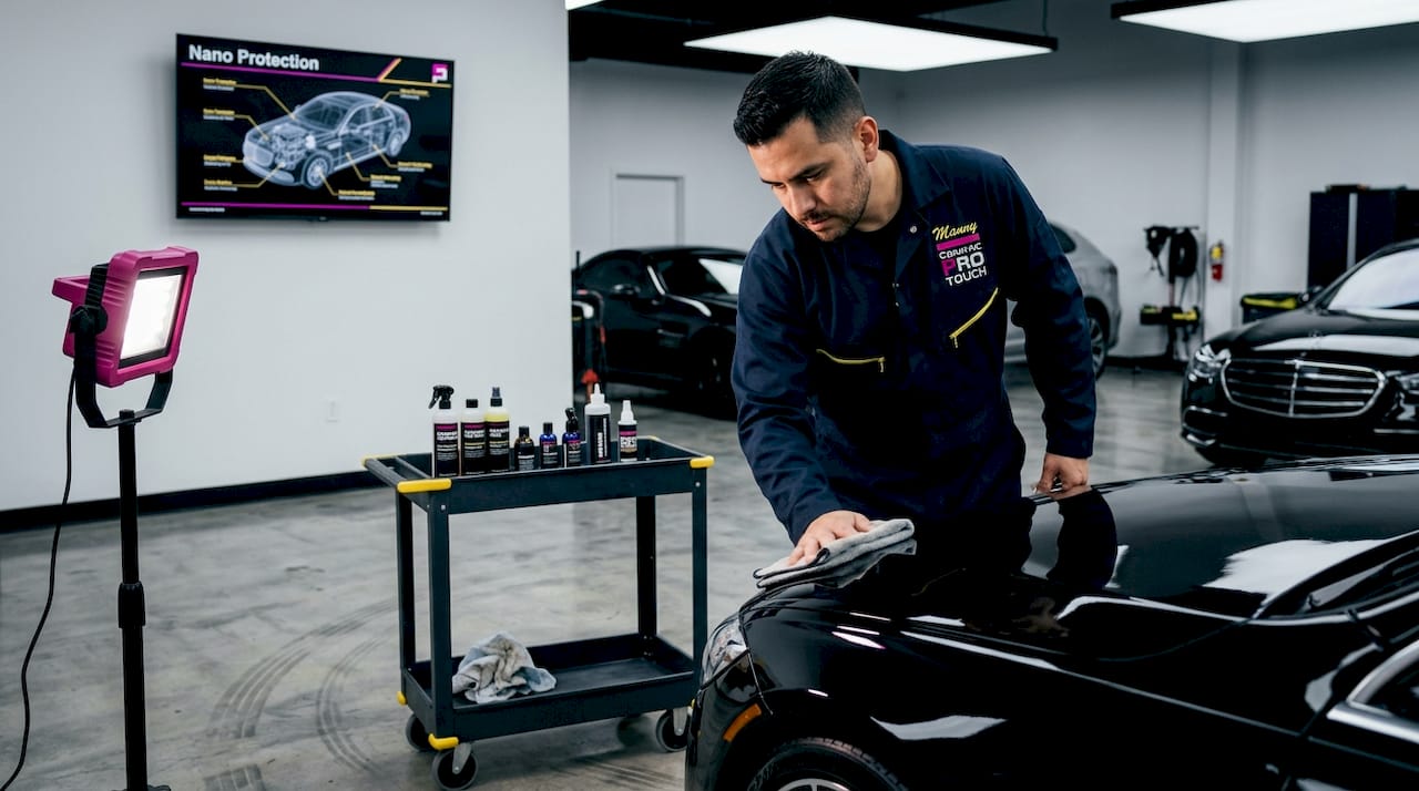 Technician applies coating in detailing studio