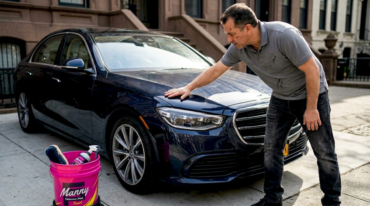 Detailer checking luxury car paint exterior