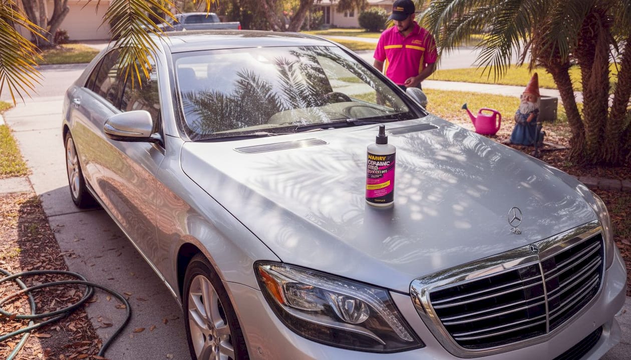 Luxury sedan shows paint under strong sun