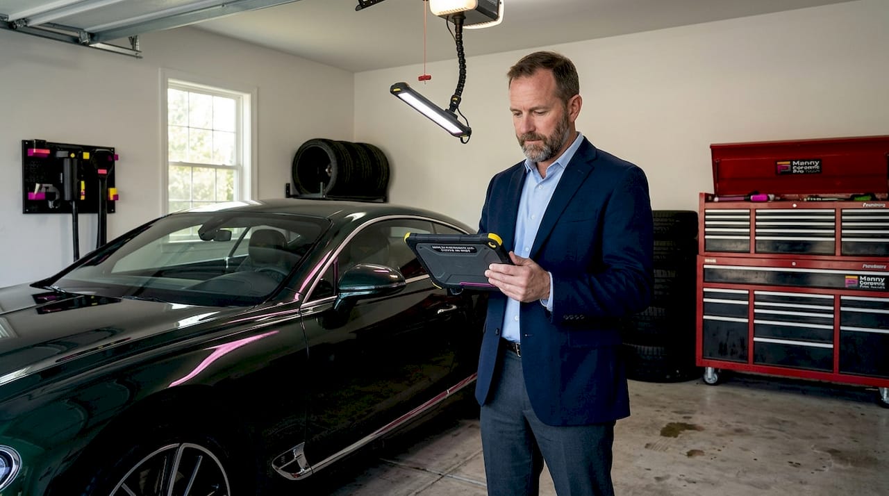 Owner checks Bentley maintenance log in garage