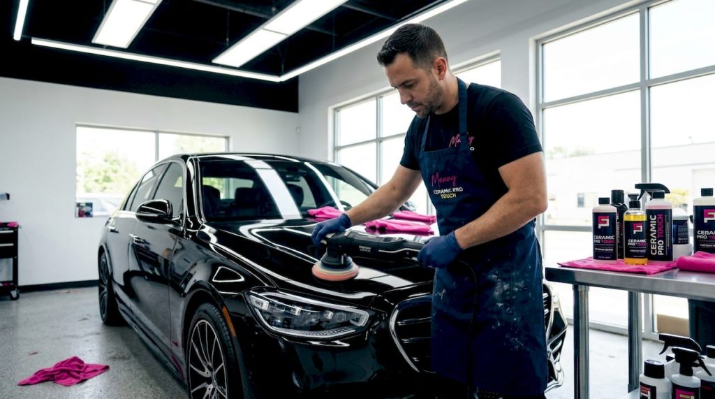 Detailer buffing luxury car in studio