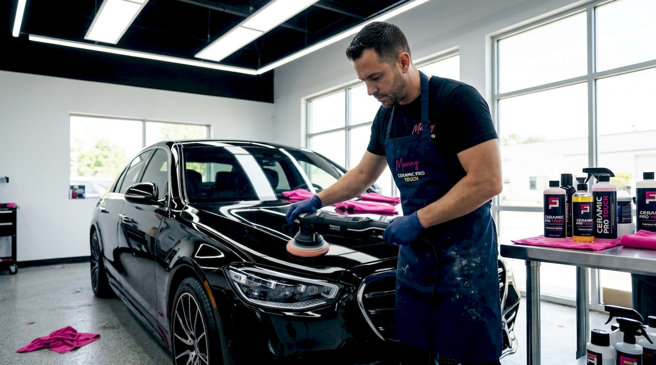 Detailer buffing luxury car in studio