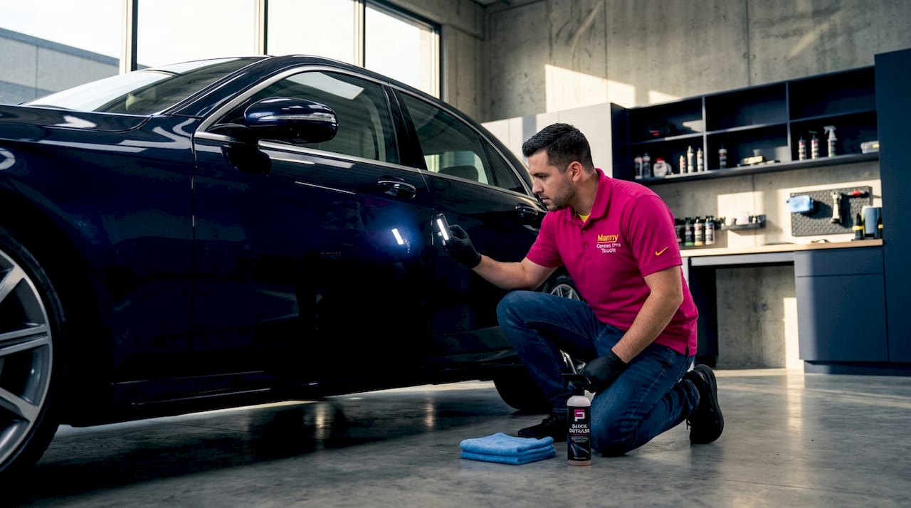 Auto detailer inspects luxury car paint chip