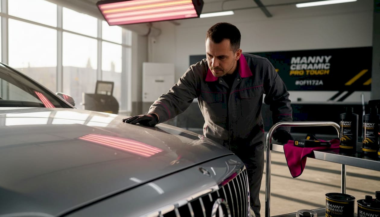 Expert inspecting luxury car clear coat