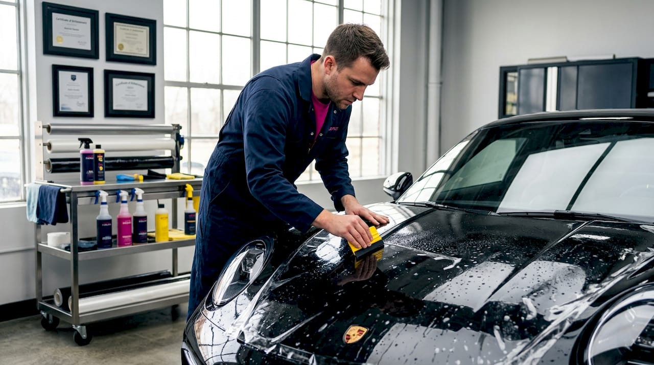 Applying protective film to black Porsche