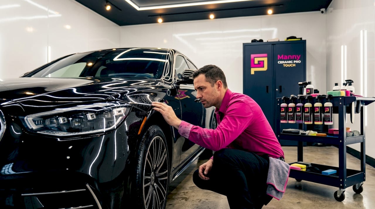 Luxury car specialist inspecting vehicle finish