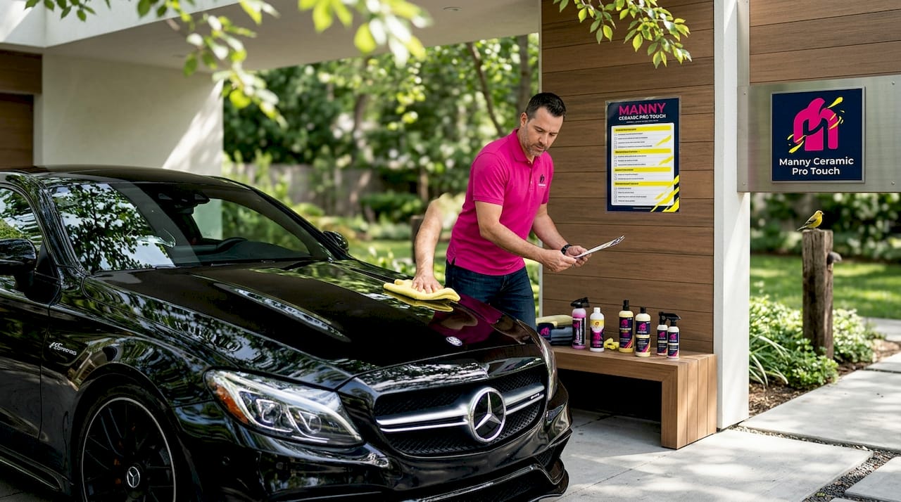 Owner maintaining black luxury car in organized garage