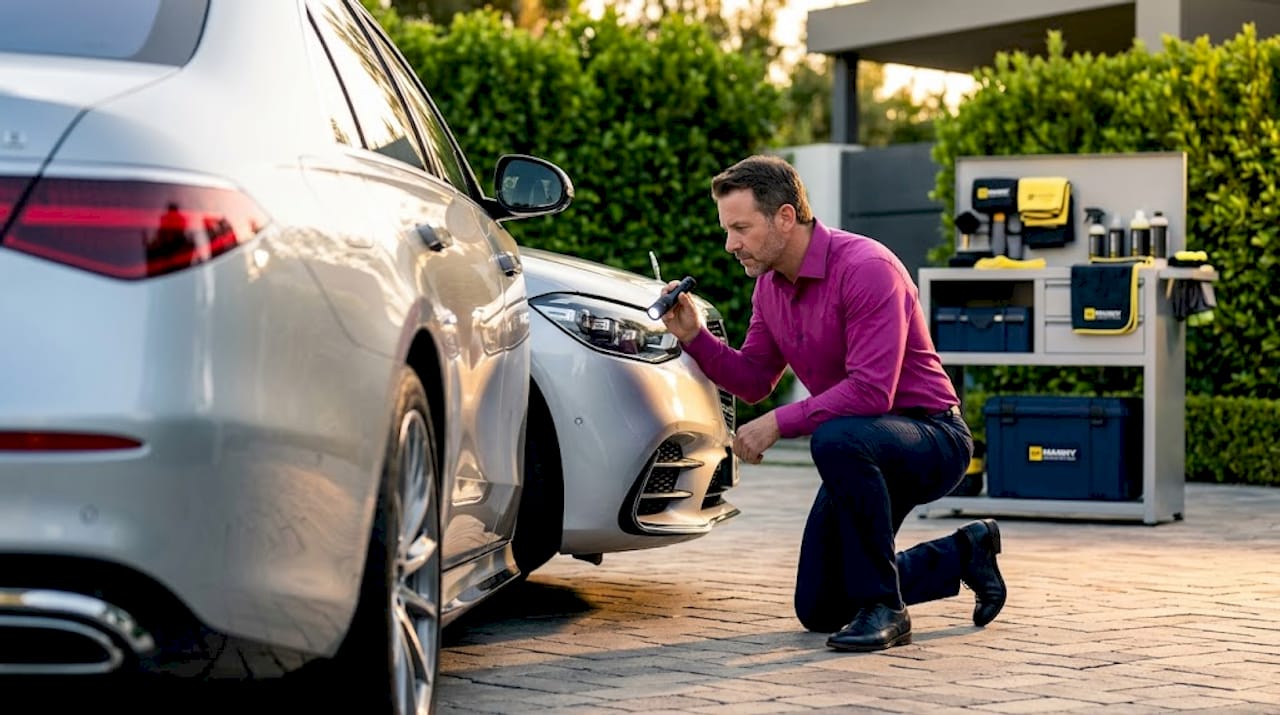 Owner inspecting luxury car paint in garage
