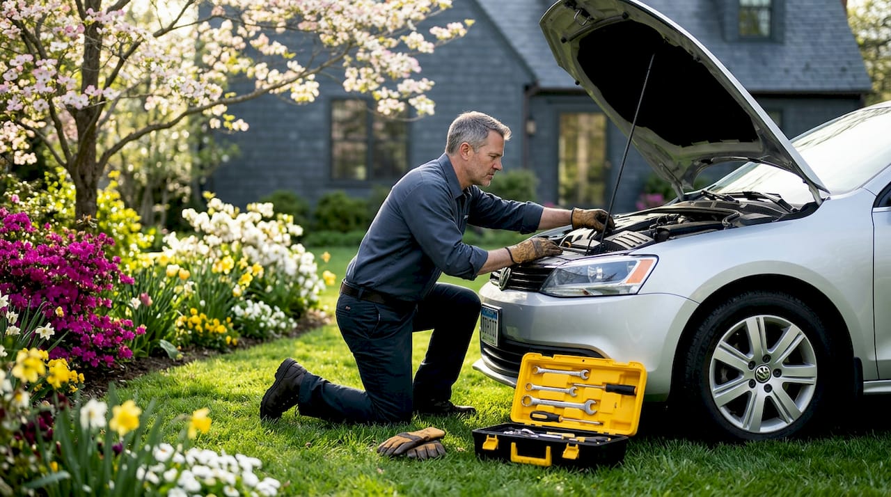 Vehicle owner inspecting car hoses at home