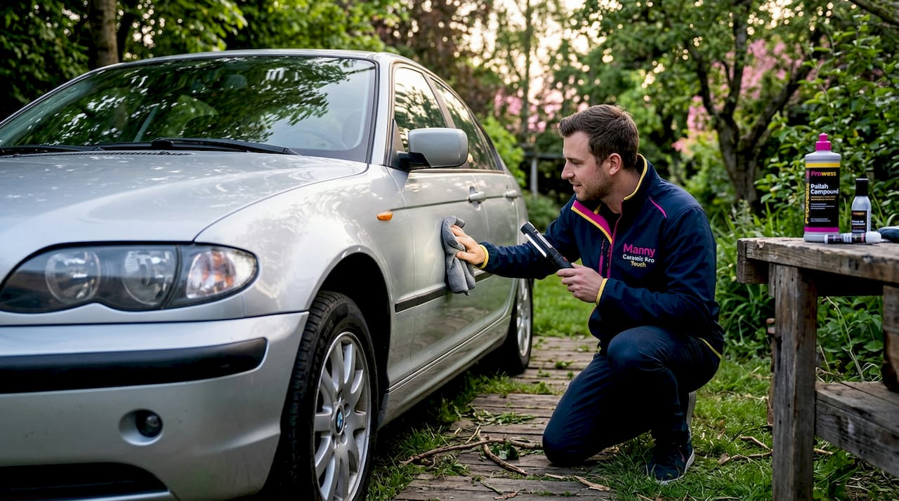 Person inspecting car paint flaws outdoors