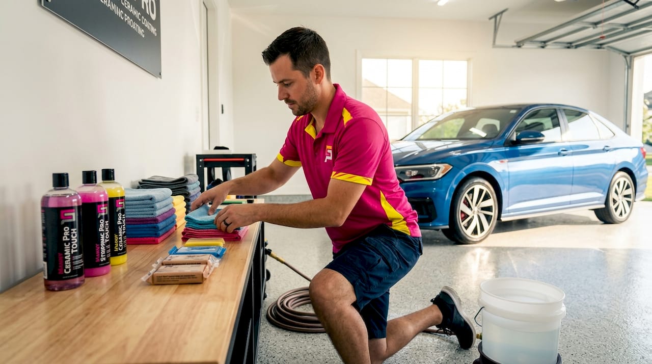 Detailer prepping tools before car coating