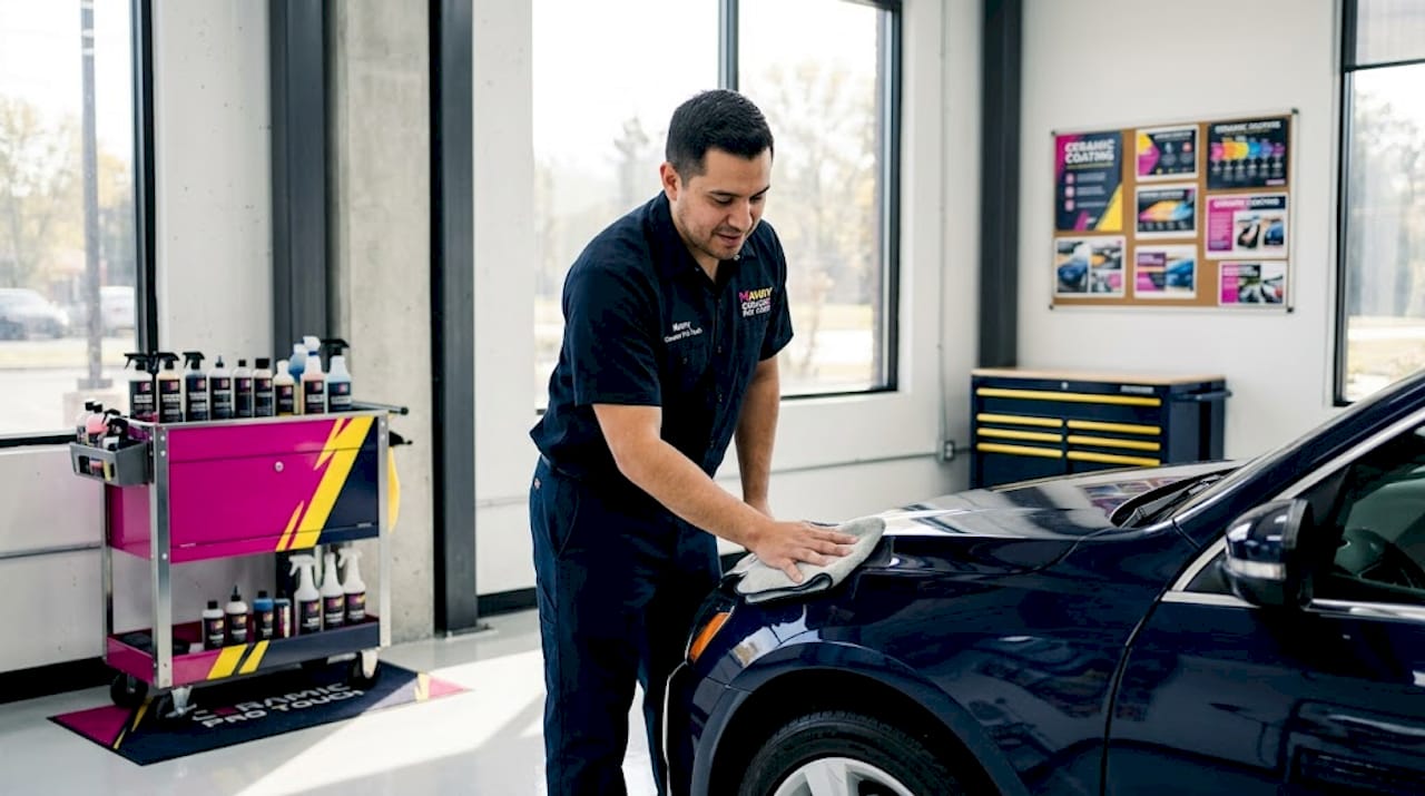 Detailer cleaning car in shop interior