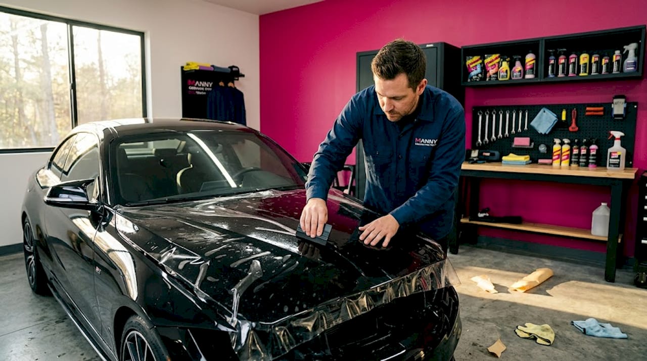 Enthusiast applying film to black car hood