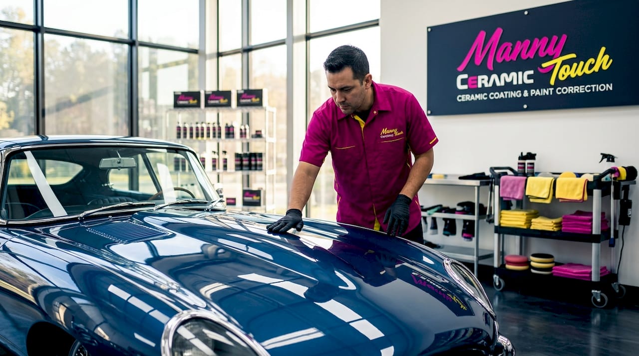 Detailer inspecting luxury car paint finish