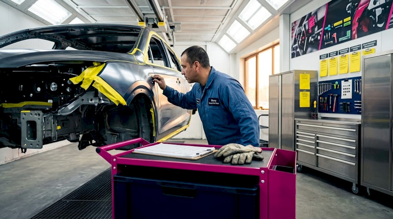 Technician monitors car body in paint booth