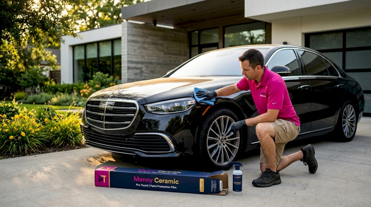 Technician applying protection to luxury car exterior