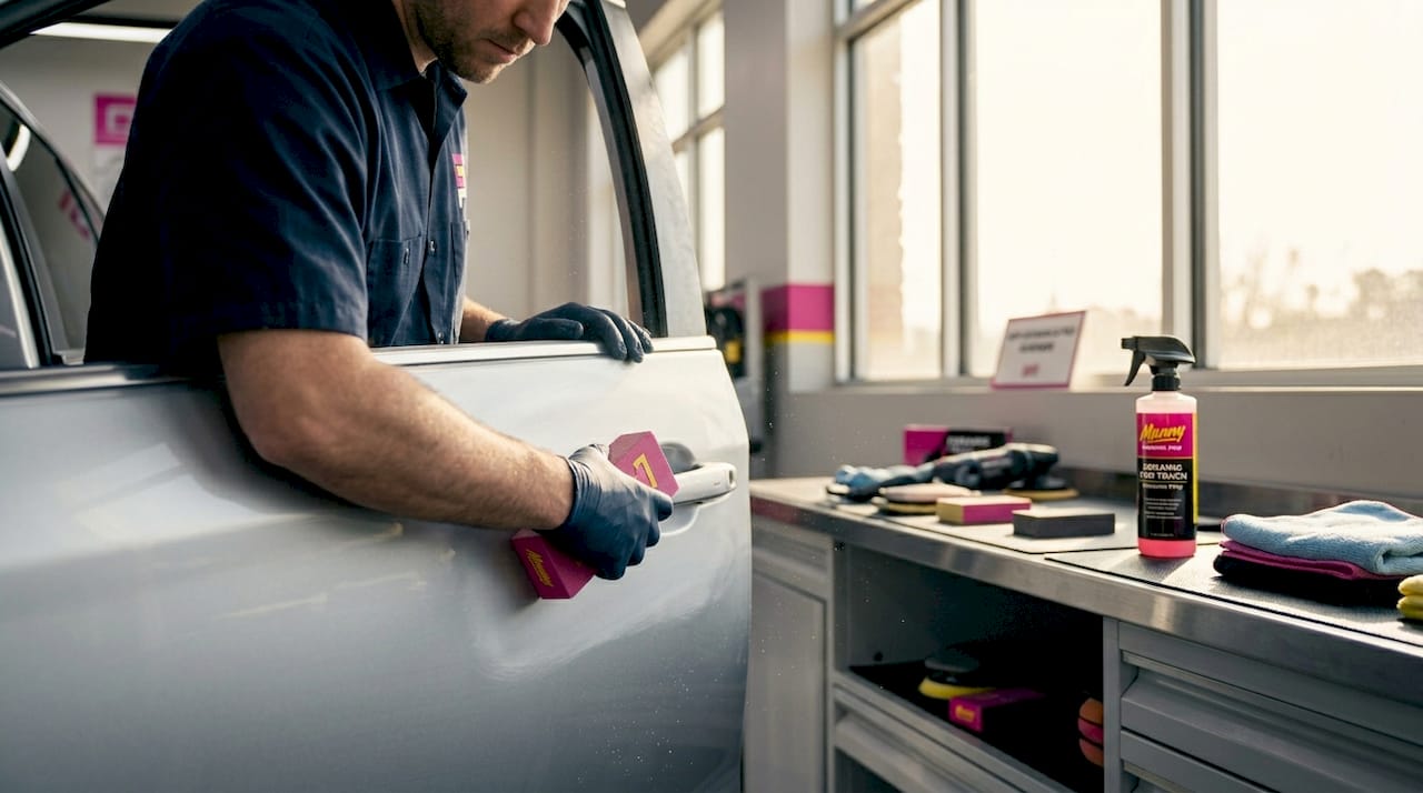 Technician sanding car surface in workshop