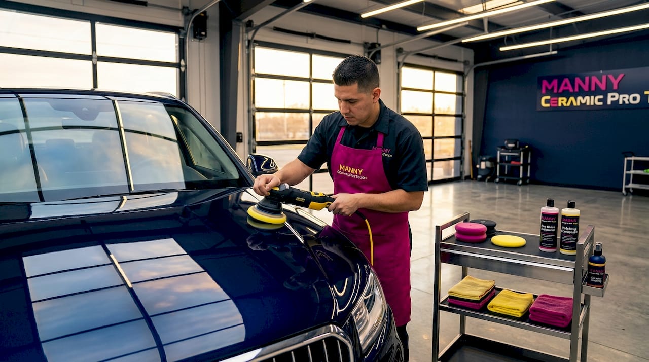 Detailer polishing car hood for gloss enhancement