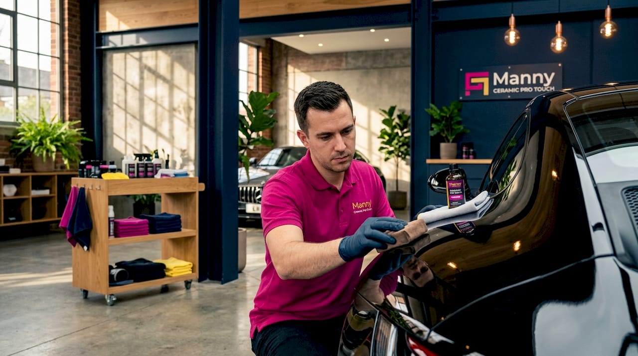 Detailer applying ceramic coating on luxury car