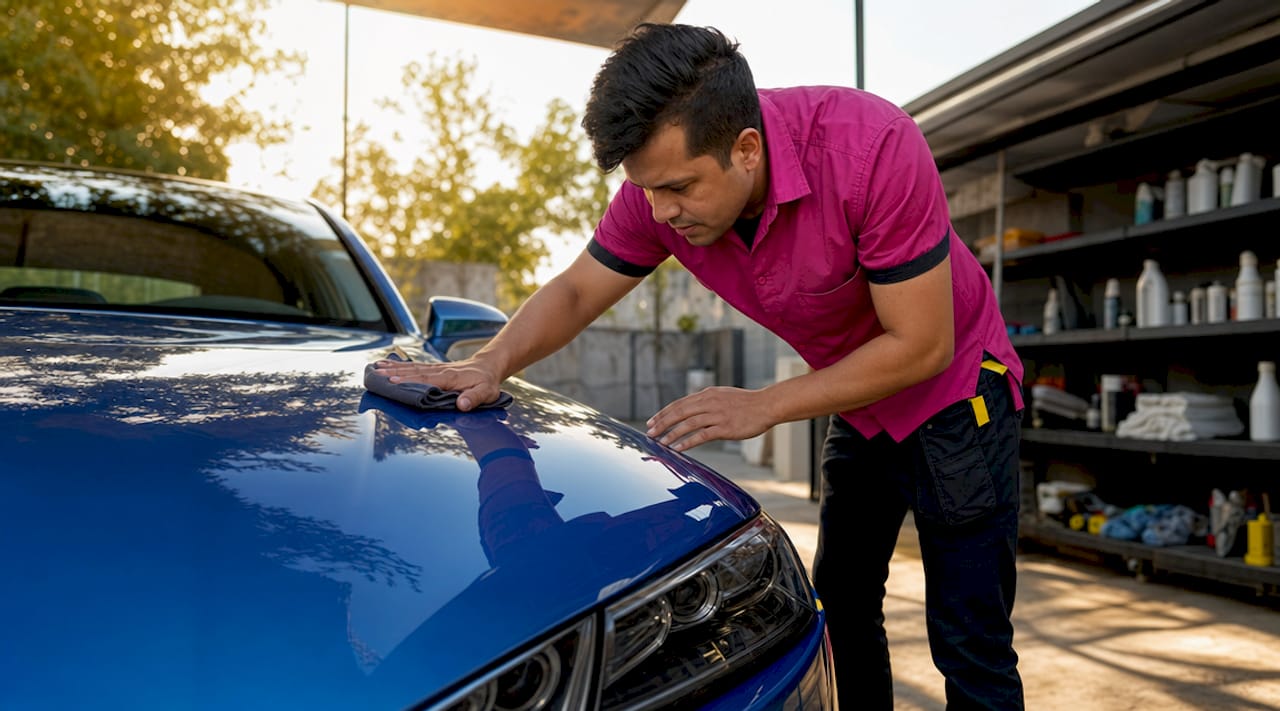 Technician inspecting car paint chemical resistance