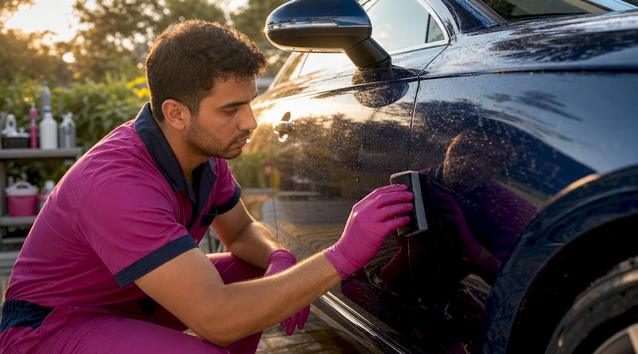 Technician applying ceramic coating to car hood
