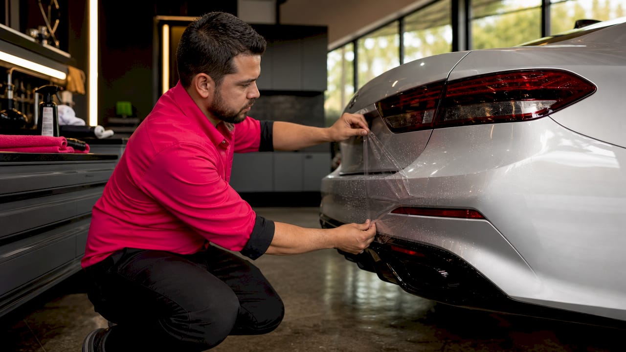 Technician applying paint protection on luxury car hood