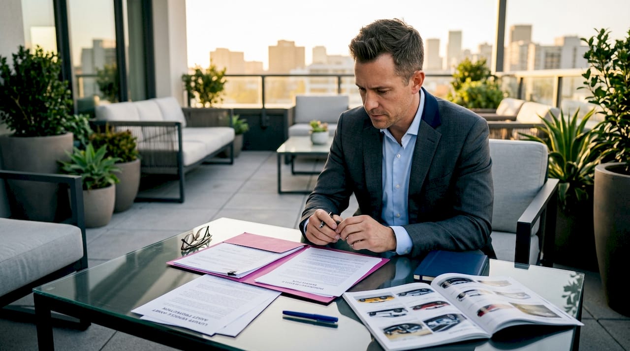 Luxury car owner reviewing insurance documents at desk
