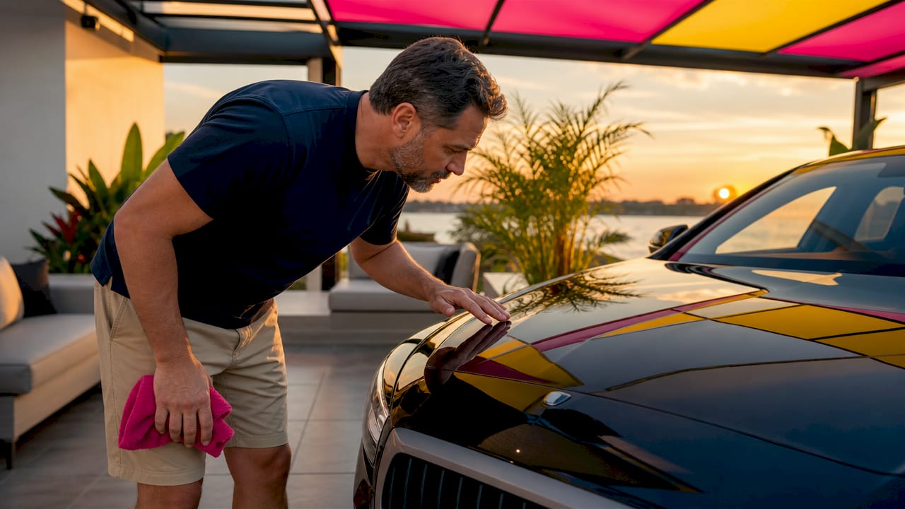 Car owner inspecting factory finish in garage
