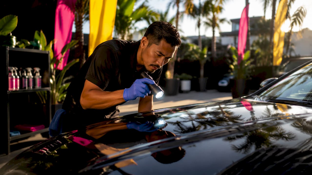Detailer inspecting luxury car surface for scratches