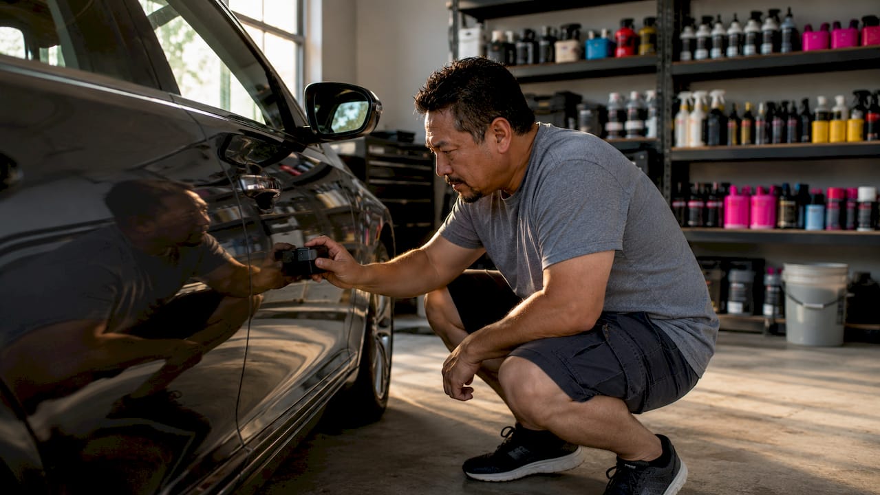 Car owner inspecting paint gloss with gloss meter outdoors