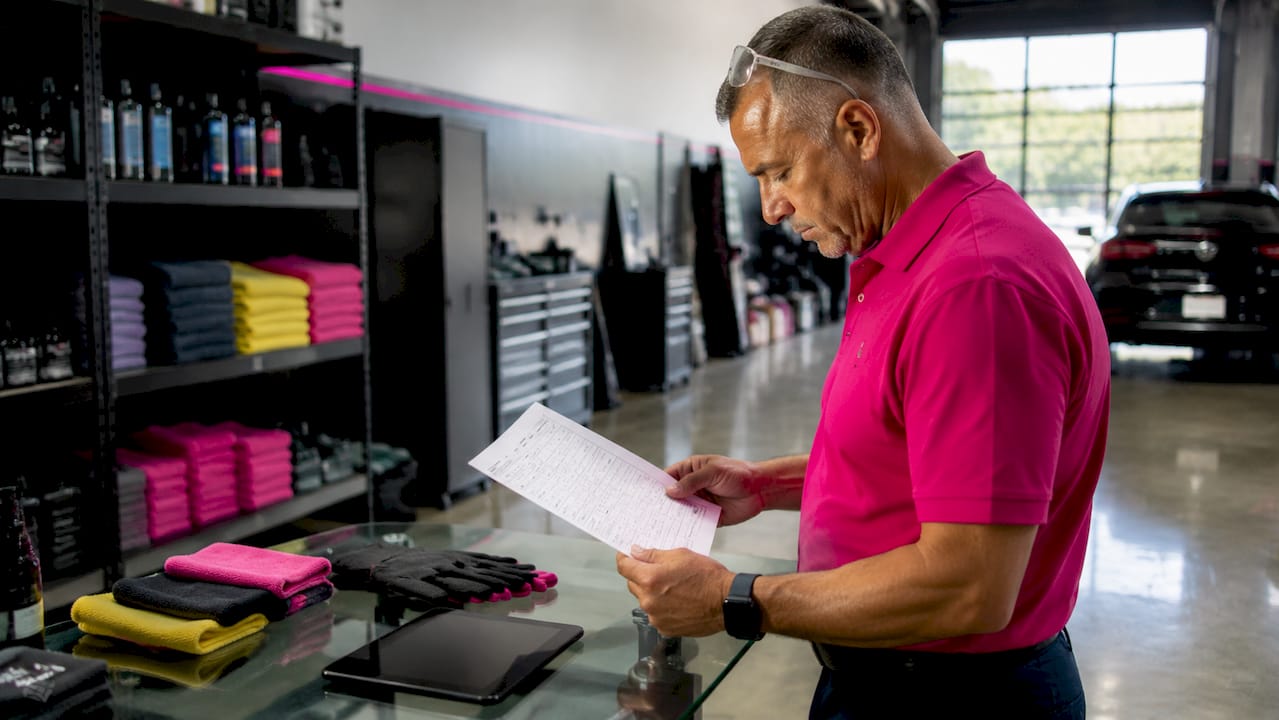 Manager reviewing dealership detailing checklist