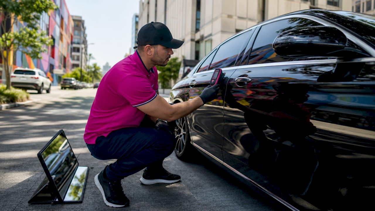Automotive inspector checking paint thickness outdoors