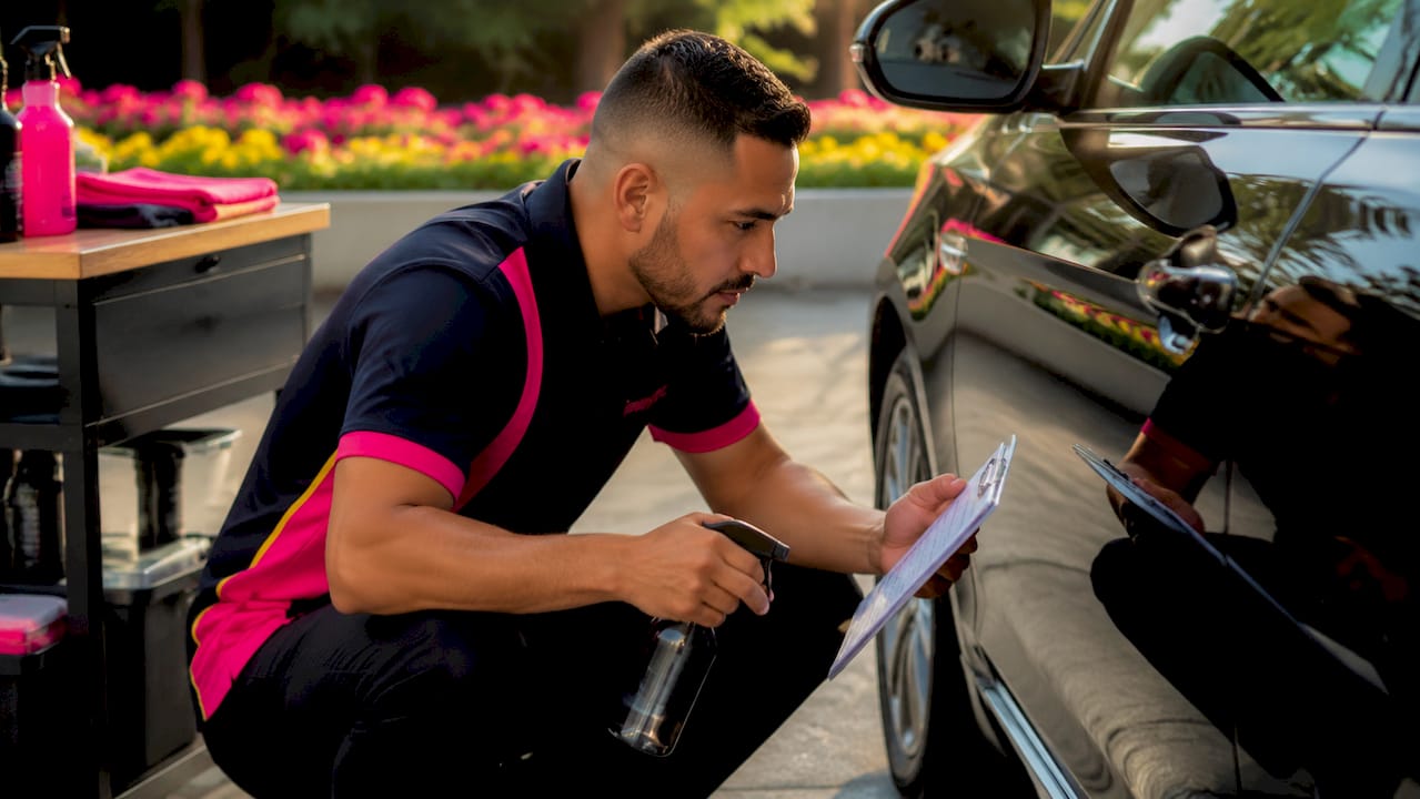 Technician inspecting car for ceramic coating prep