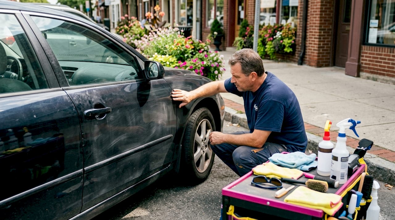 Man inspecting car paint for detailing needs