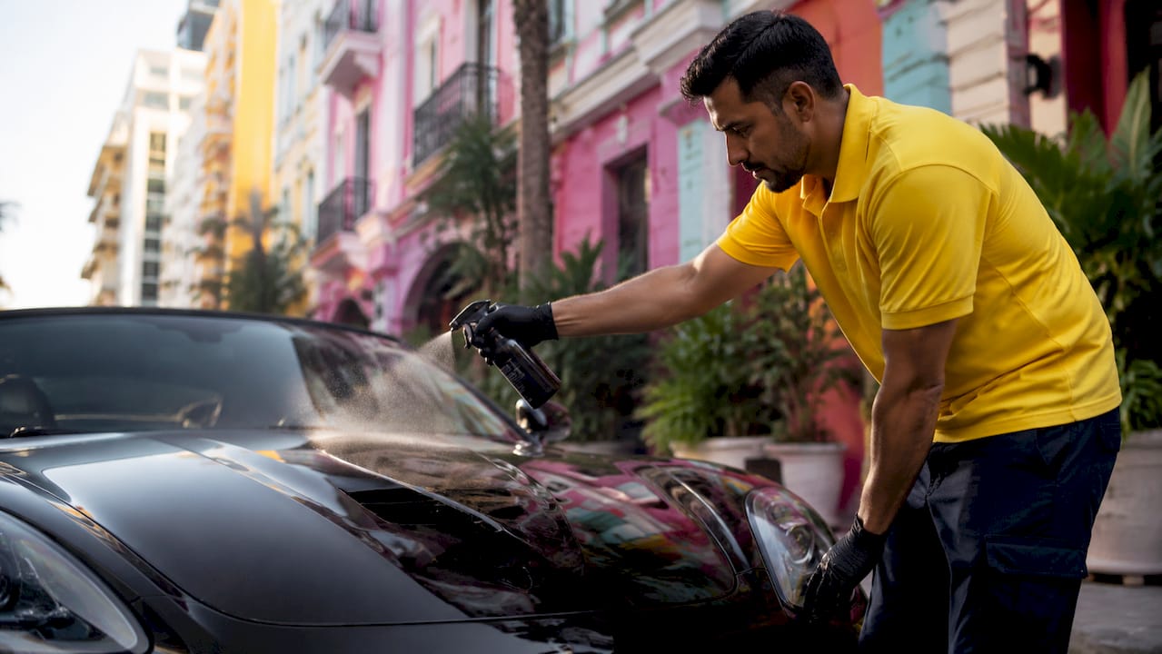 Detailer applying nano coating on car hood