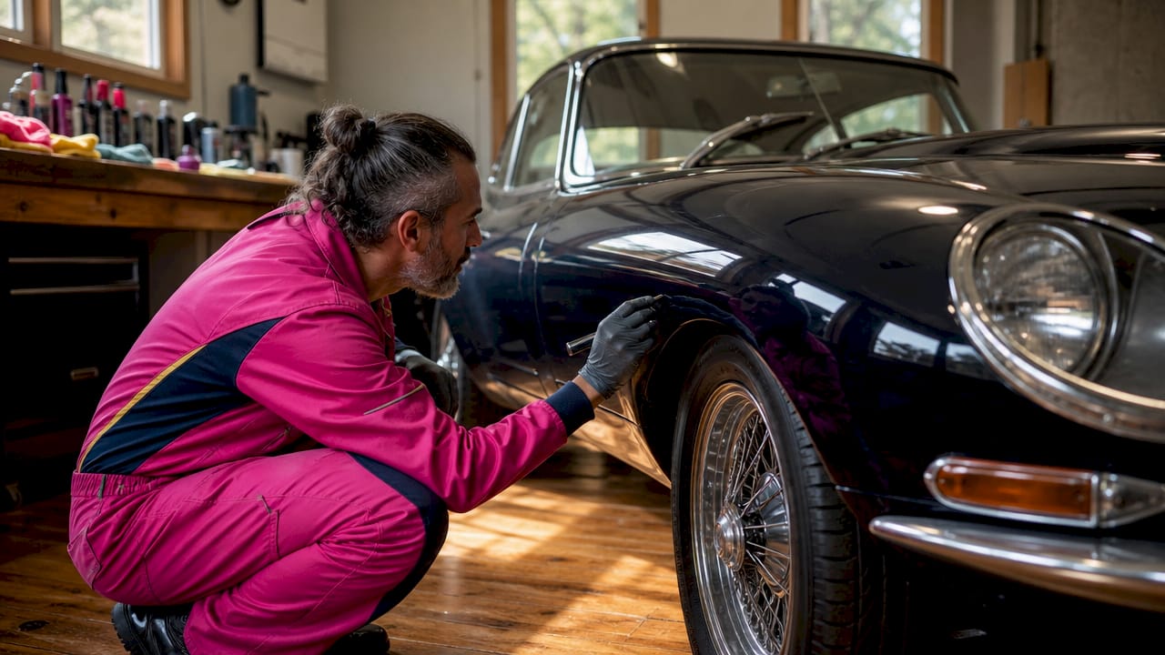 Mechanic inspecting classic car paint finish