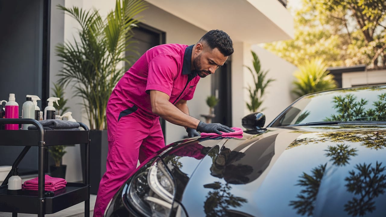 Professional detailer cleaning luxury car hood