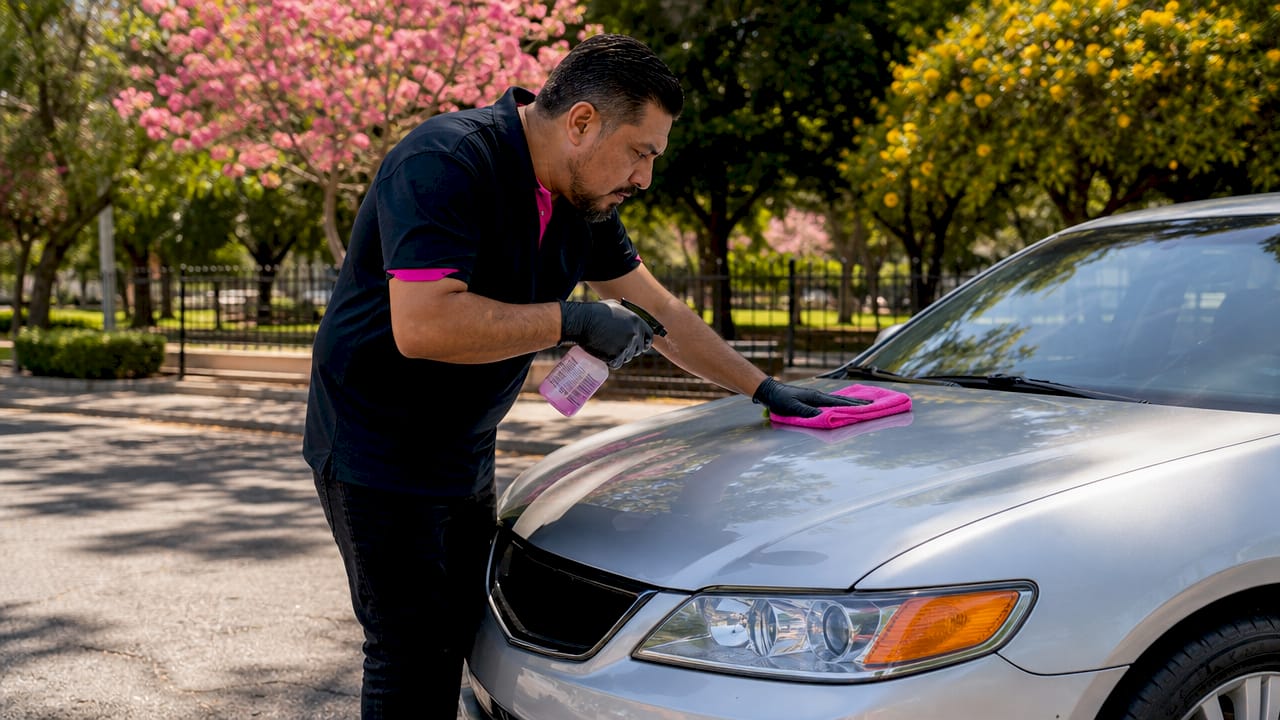 Car owner cleaning vehicle surface outdoors
