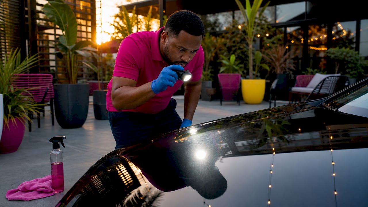 Detailer inspecting car paint surface