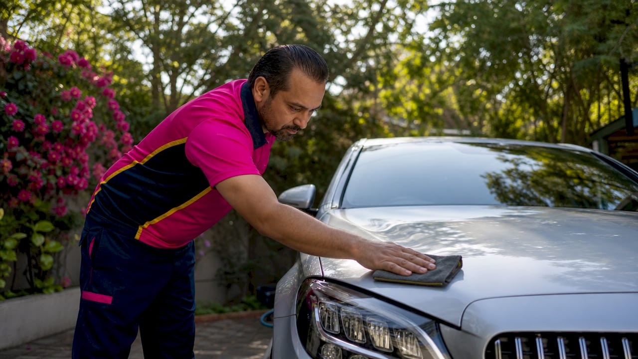Technician applying ceramic coating on luxury car