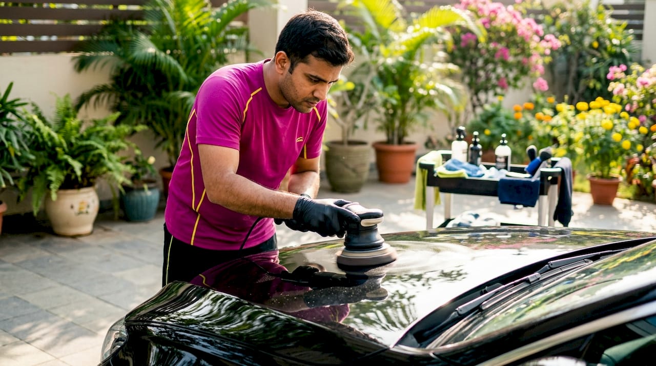 Car detailer polishing glossy black car hood