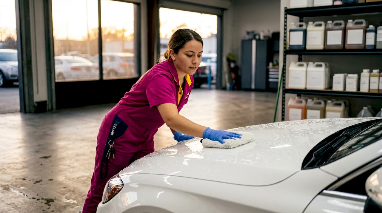 Detailer washing car hood indoors