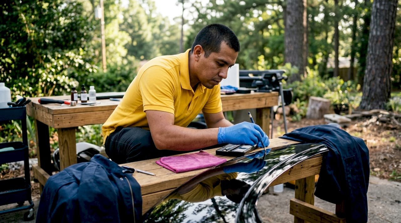 Technician testing 9H coating hardness on car hood