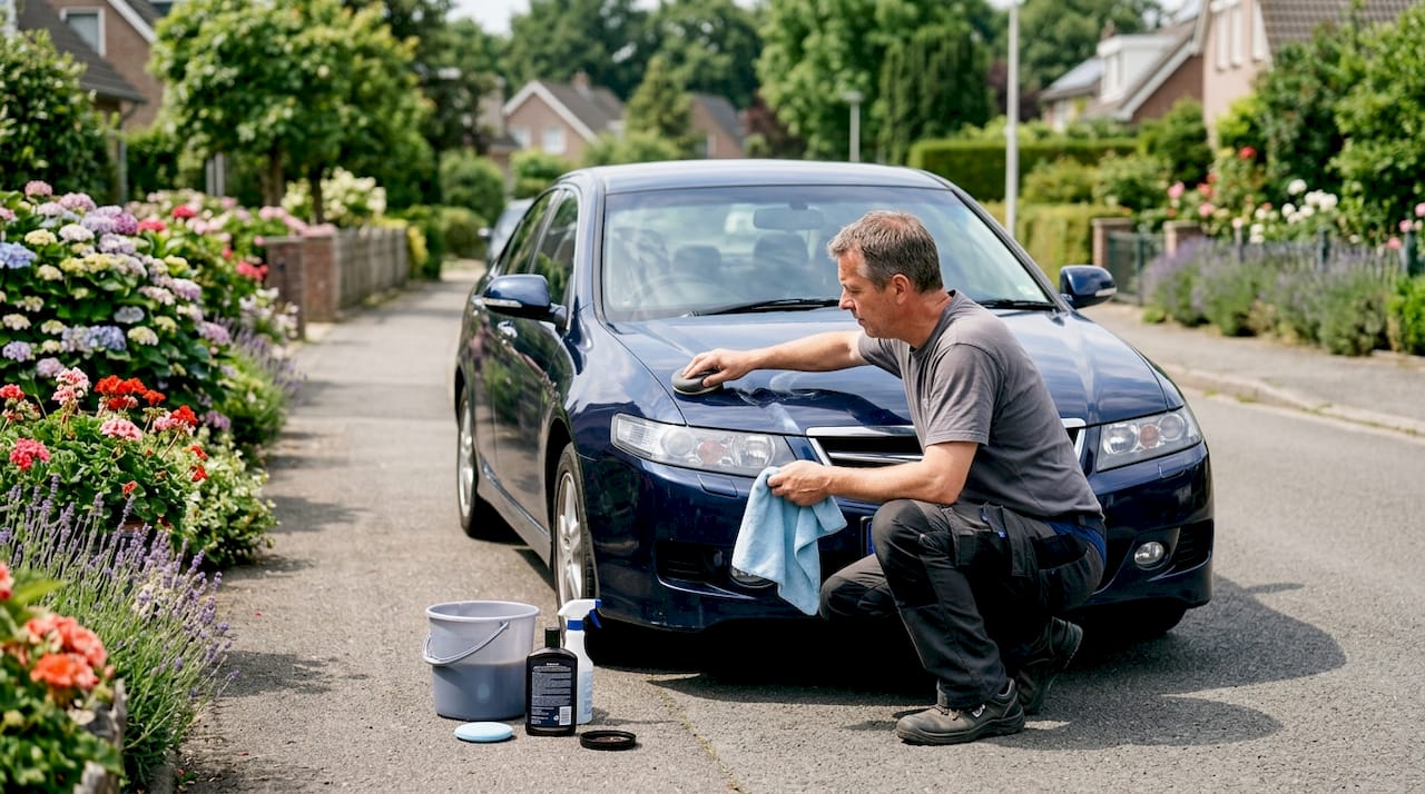 Man applying traditional wax on car hood outdoors