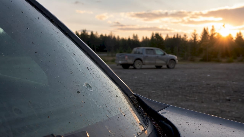 Close-up of car windshield with rock chips