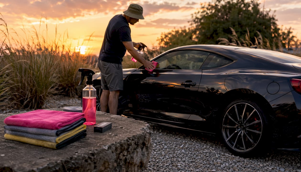 Car owner applying ceramic booster outdoors